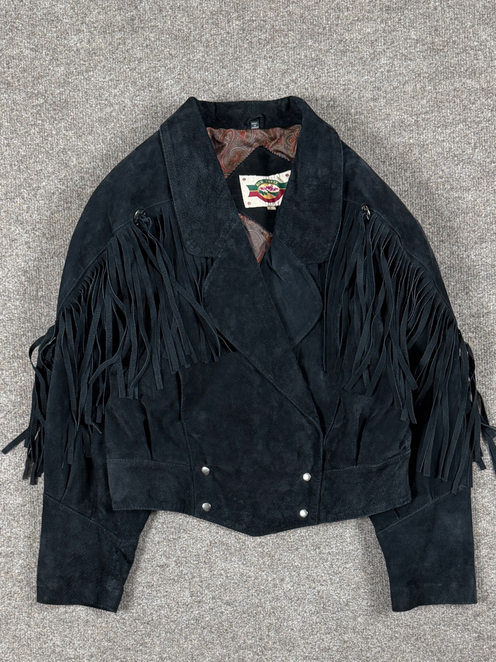 Vintage Rock‎ Creek Black Suede Leather Fringe Jacket Women’s Large Western 90s